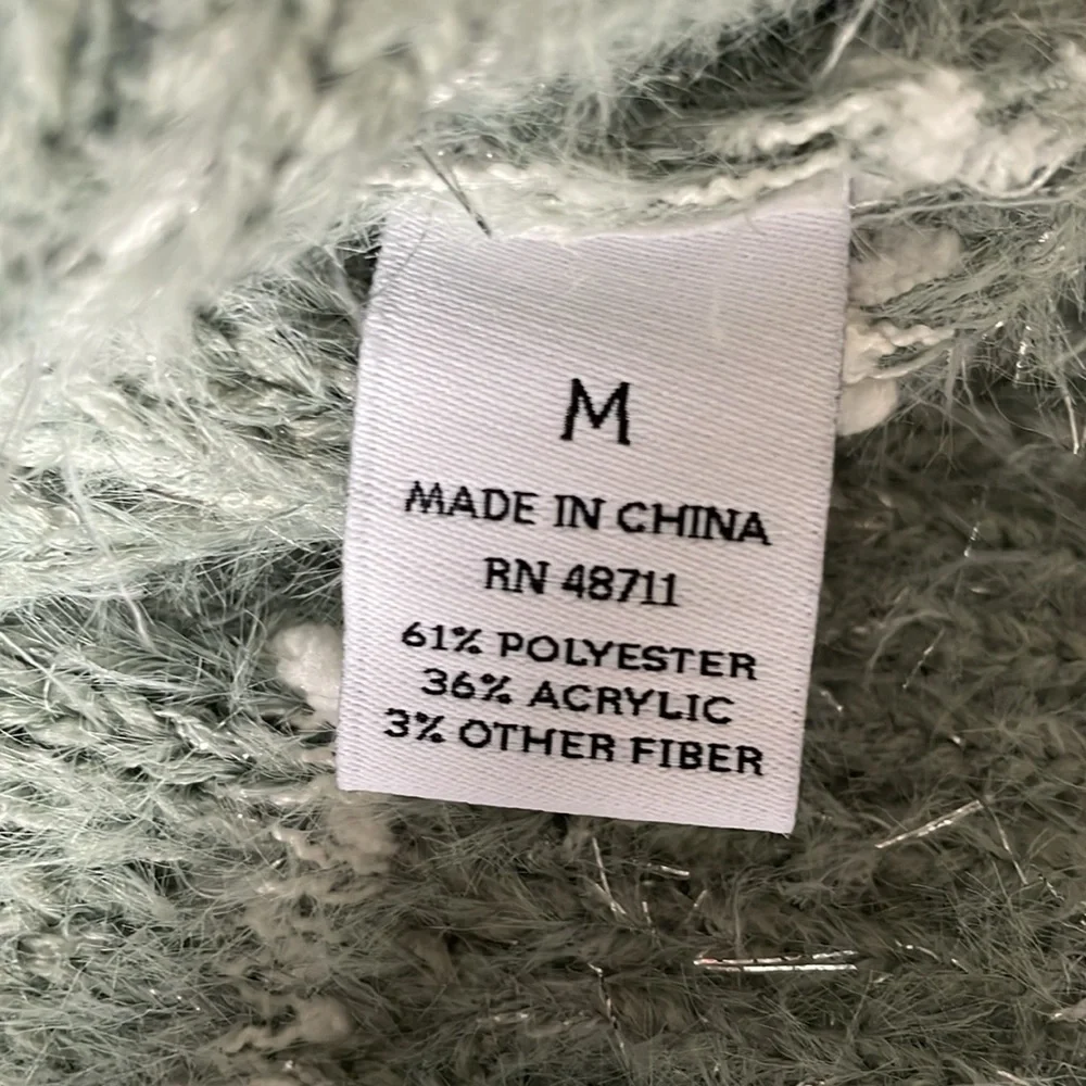 OPHELIA ROE Chunky Sweater Green & White Silver Eyelash Stretchy Mock Neck Med
